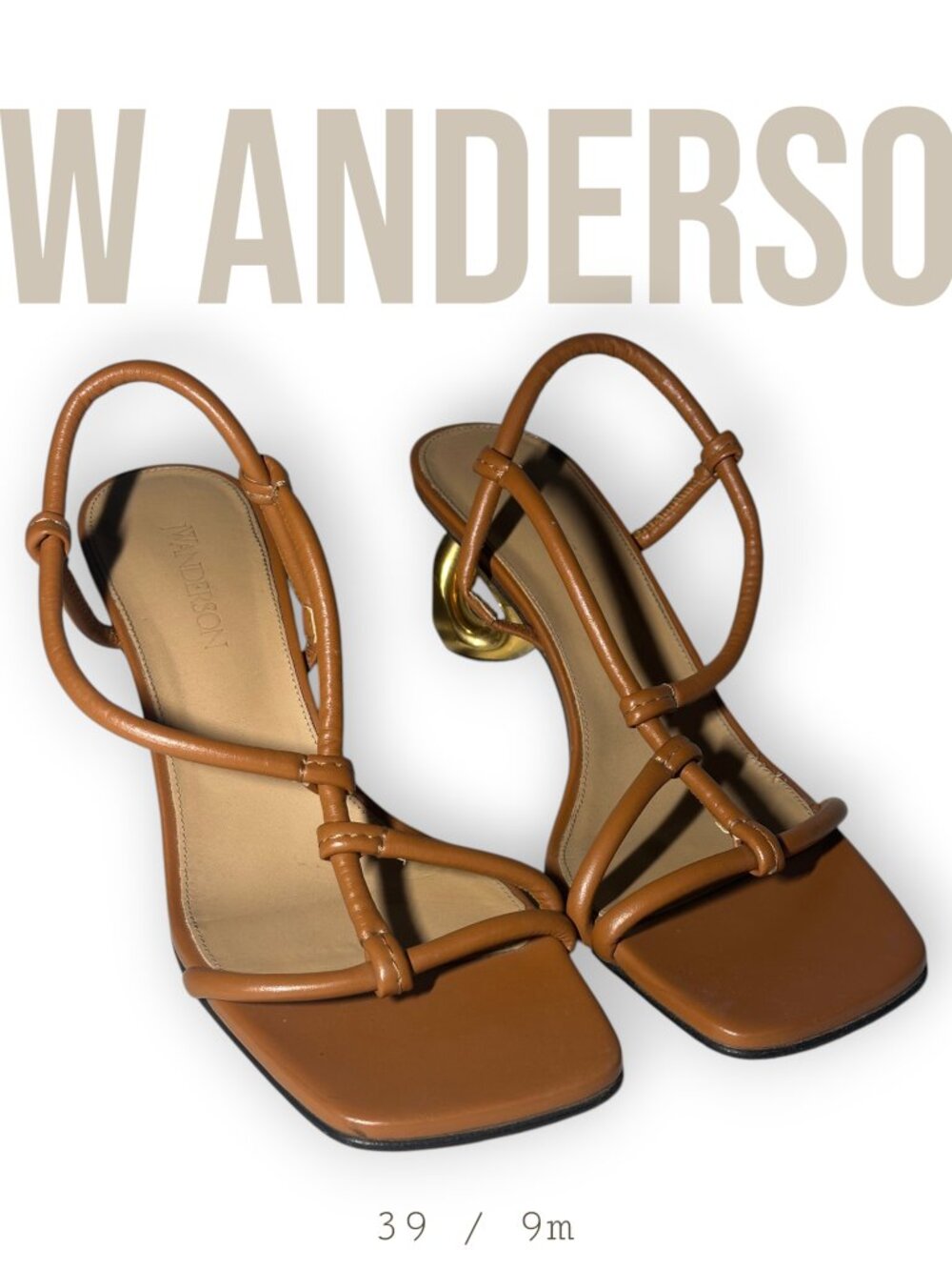 JW Anderson Tan Leather Gold Chain Link Sculptural Heel Sandals - EU 39 / US 9